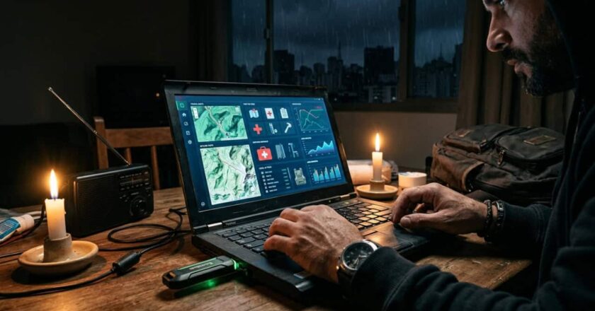 Dispositivo móvel garante acesso a ferramentas essenciais offline, incluindo mapas e guias, para situações de emergência sem eletricidade